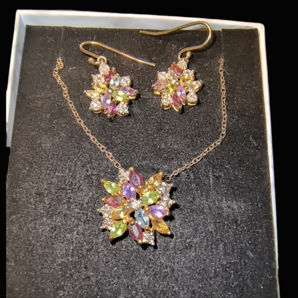 Elegant Gold Vermeil Over Sterling Silver Multi Gemstone Jewelry Paired Set